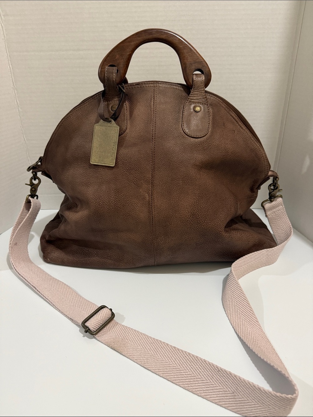 We The Free Willow Vintage Tote Bag Wine Wash Brown Wood Handles Large